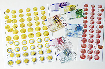 Euro Kinder-Spiel- und Rechen-Geld Bastelbogen (perforierte Pappm&uuml;nzen/Papierm&uuml;nzen)